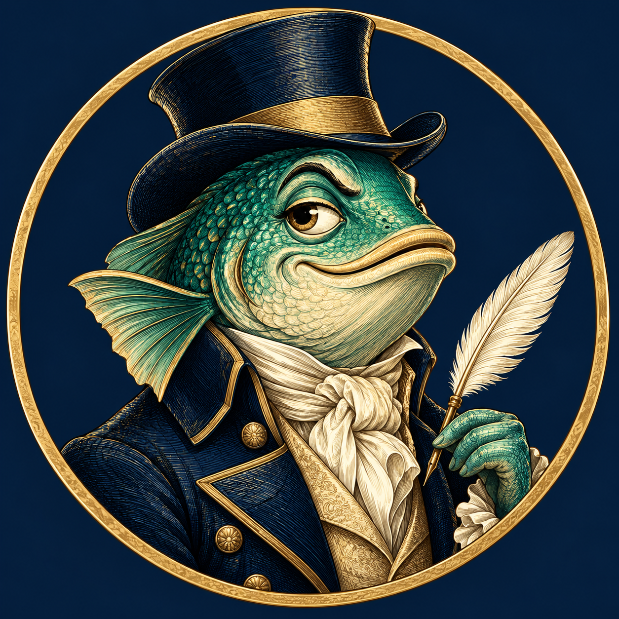 Mister Fishwhistle in a navy Regency coat and gold-trimmed top hat, holding a quill