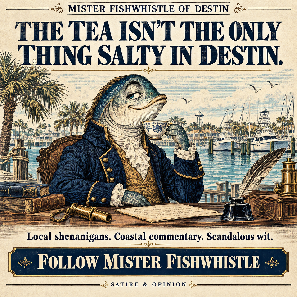 The tea isn’t the only thing salty in Destin. Mister Fishwhistle sipping tea at the harbor.